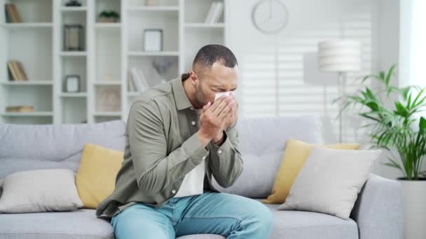 Hombre Adulto Joven Que Sufre Alergias Estornudos Mientras Está Sentado — Vídeos de Stock