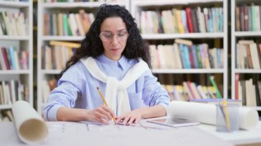 Gözlüklü kız öğrenci kampüs kütüphanesinde masa başında otururken bir proje çiziyor. Odaklanmış kız mimar ya da tasarımcı sınav döneminde ödevlerini yaparken kalem ve cetvel kullanır