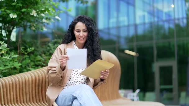 Smiling Excited Young Female Employee Reading Letter Great News While — Stock Video