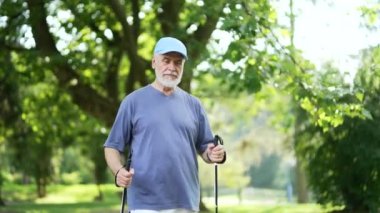 Şehir parkında yürüyüş direkleri olan yaşlı, gri saçlı bir erkek yürüyor. Olgun bir fitness adamı, sabahları doğada İskandinav yürüyüşü yapıyor. Yaşlı emekli, İskandinav yürüyüşü yapıyor.