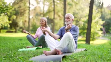 Aktif evli yaşlı çift çıplak ayakla meditasyon yapıyorlar gözleri kapalı bir şekilde bir şehir parkında lotus pozisyonunda oturuyor. Yetişkin, kır saçlı, emekli karı ve koca dışarıda yoga yapıyor.