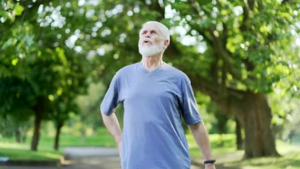 Älterer Grauhaariger Mann Der Unter Rückenschmerzen Sportverletzungen Und Muskelkrämpfen Stadtpark — Stockvideo