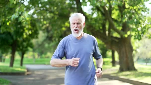 シニア成人のアクティブな灰色のひげの男は 都市の公園で走っている間に心臓発作を起こします 病気の成熟した古い男性ランナーは胸の緊張に苦しみ 彼の手で痛みのスポットを保持します — ストック動画