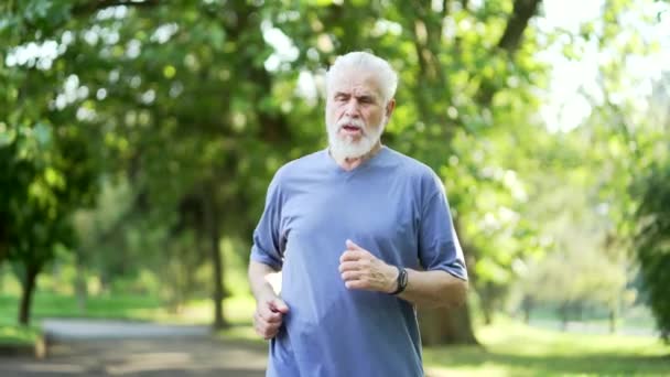 Starší Dospělý Aktivní Šedovlasý Vousatý Muž Infarkt Když Běží Městském — Stock video