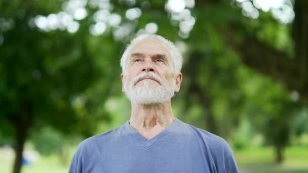 Portrét Staršího Šedovlasého Vousatého Muže Relaxujícího Zavřenýma Očima Stojícího Parku — Stock video