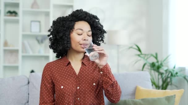 若いアフリカ系アメリカ人女性は 家庭のリビングルームでソファーに座っている間 ガラスから水を飲む ハッピー笑顔の黒人女性は安心し クールな飲み物を楽しみ リラックスして休む — ストック動画