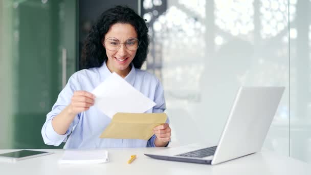 Happy Excited Young Female Employee Reading Letter Great News While — Stock Video