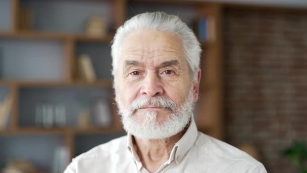 Evdeki Oturma Odasında Duran Mutlu Gri Saçlı Yaşlı Bir Adamın — Stok video