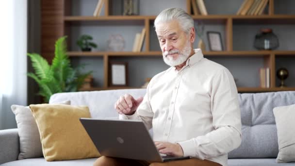 Mutlu Gri Saçlı Yaşlı Adam Evdeki Oturma Odasındaki Kanepede Oturan — Stok video