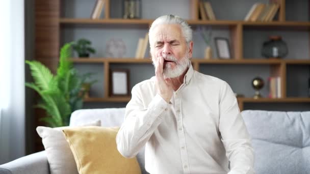 Αναστατωμένος Ηλικιωμένος Άνδρας Γκρίζα Μαλλιά Που Υποφέρει Από Πονόδοντο Κάθεται — Αρχείο Βίντεο