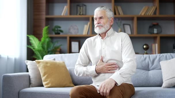 Elderly Senior Man Gray Hair Feels Stomach Pain Sitting Sofa — Stock Video