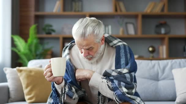 Chorym Starszym Starszym Siwym Brodatym Mężczyzną Przeziębieniem Lub Grypą Owiniętym — Wideo stockowe
