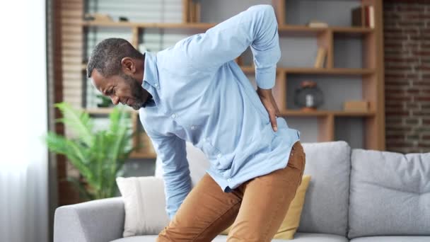 Tired Mature African American Male Suffering Back Pain While Sitting — Stock Video