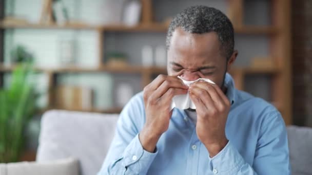 Sick Mature African American Male Suffering Seasonal Allergies While Sitting — Stock Video