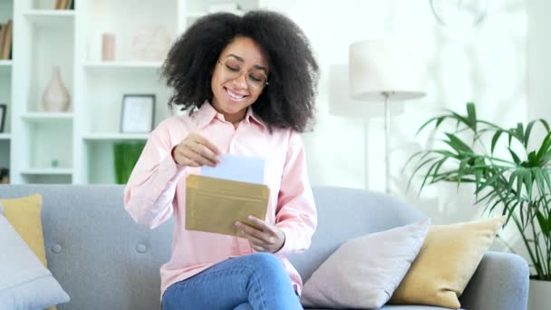 Happy Satisfied Young African American Female Reading Letter Great News — Stock Video