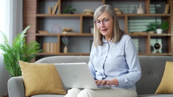 Happy Senior Woman Gray Hair Received Great News Laptop While — Stock Video