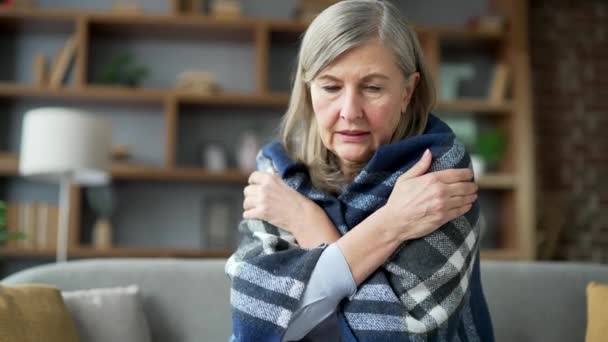 Senior Mujer Pelo Gris Cubierto Con Manta Congelada Sentado Sofá — Vídeos de Stock