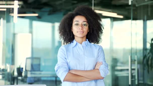 Porträt Einer Jungen Selbstbewussten Afrikanisch Amerikanischen Angestellten Blauen Hemd Die — Stockvideo