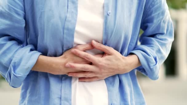 Close Female Hands Massaging Stomach Woman Suffering Abdominal Pain While — Stock Video