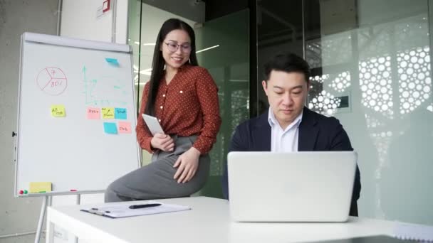 Young Asian Female Employee Flirts Coworker Workplace Business Office Attractive — Stock Video