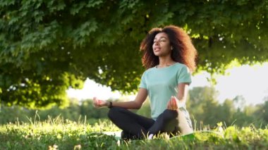 Genç Afro-Amerikan sporcu kadın bir şehir parkında lotus pozisyonunda oturmuş meditasyon yapıyor. Genç siyah kadın dışarıda yoga yapıyor. Fit dişiler hafta sonları gözleri kapalı rahatlar.