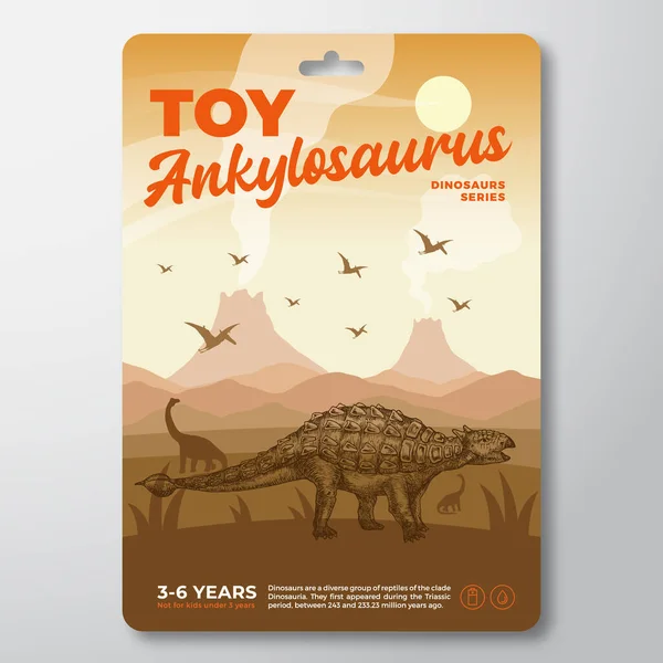 おもちゃ恐竜のラベルテンプレート 概要ベクトルパッケージデザインレイアウト 先史時代の火山景観と手描きのAnkylosaurusの背景を持つ現代のタイポグラフィ — ストックベクタ