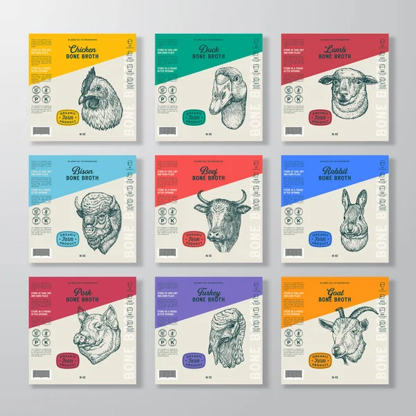 Ensemble Modèles Étiquettes Viande Bouillon Résumé Vectoriel Food Packaging Design — Image vectorielle