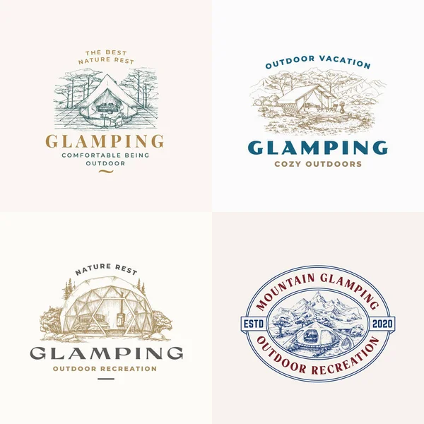 Glamping Recreation Retro Logo Templates Set Ručně Kreslené Pohodlné Venkovní — Stockový vektor