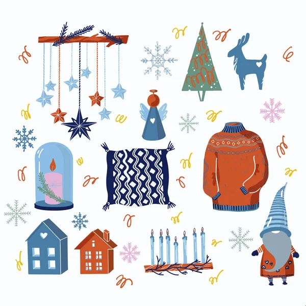 Χριστουγεννιάτικη Διακόσμηση Αντικείμενα Εικονογράφηση Σετ Νέο Έτος Ζεστό Ζεστό Σπίτι — Διανυσματικό Αρχείο