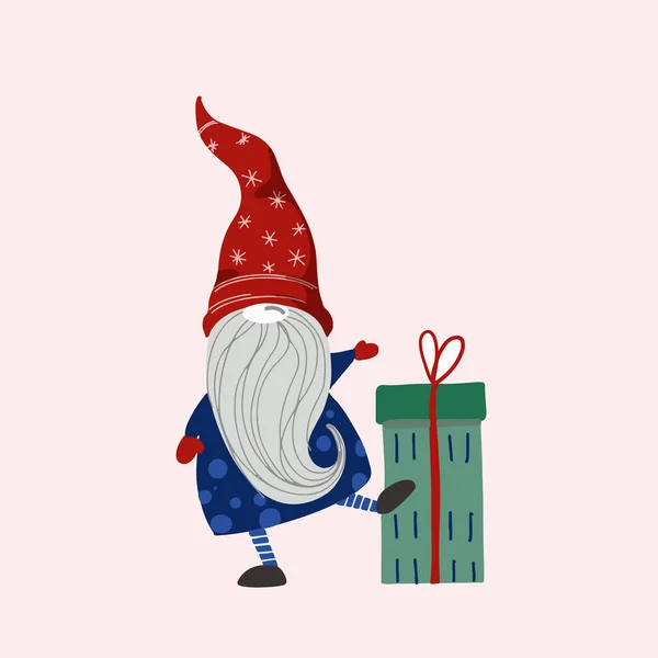 北欧のクリスマスのノームギフトボックスの休日の挨拶図面と 冬の休日のために存在する新年のお祝いの文字 フラットベクトルイラスト — ストックベクタ