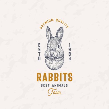 Rabbit Et Çiftliği Retro Rozet Logo Şablonu. Retro tipografili El Çizimi Hayvan Yüzü skeci. Klasik Tavşan Surat Çizimi Amblemi. İzole edilmiş
