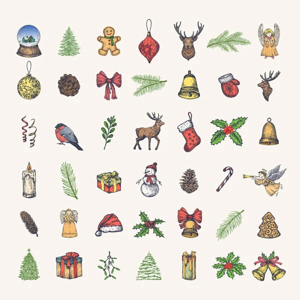 Colección Iconos Coloridos Navidad Dibujada Mano Set Bocetos Año Nuevo — Archivo Imágenes Vectoriales