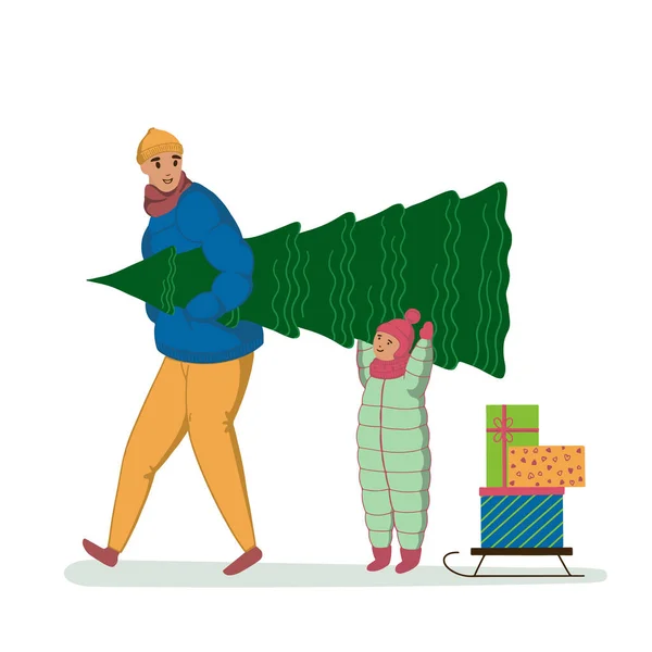 メリーの若い父および息子は松の木を運び 包まれたクリスマスのギフト箱のスタックとそり歩く 冬の休暇のためのお父さんと男の子のプレゼント フラットベクトルイラスト — ストックベクタ