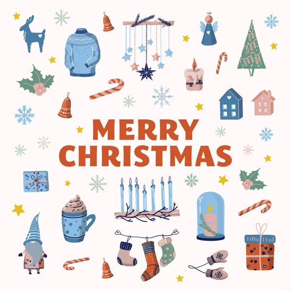 クリスマス装飾アイテムイラストカード 新年暖かい居心地の良い家庭お祝いの漫画の図面の背景 星やキャンドル 鹿やノームカラフルなバナーをプレゼント — ストックベクタ