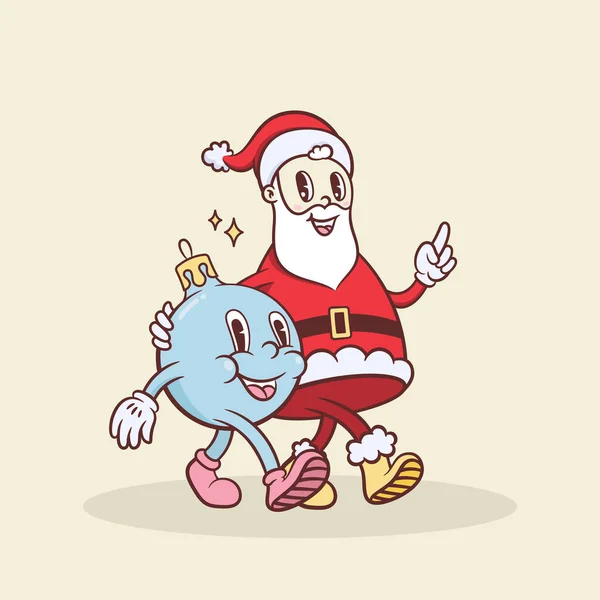 Weihnachten Und Neujahr Retro Zeichentrickfiguren Weihnachtsmann Und Christbaumkugeln Deko Kugelfreunde — Stockvektor