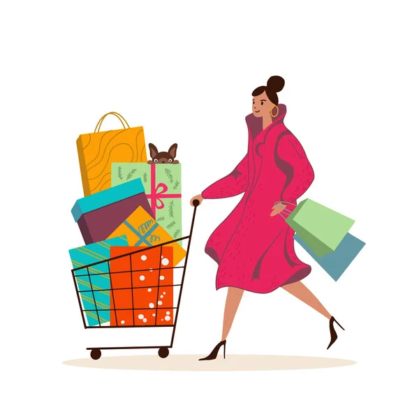Happy Young Woman Walking Carrying Shopping Cart Bags Christmas Gifts — Stock Vector