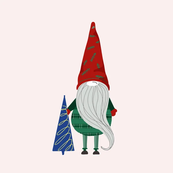 Scandinavian Christmas Gnome Christmas Tree Holiday Greeting Drawing New Year — Stock Vector