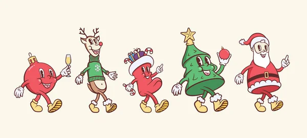 Christmas New Year Retro Cartoon Characters Set Santa Claus Reindeer — Stock Vector