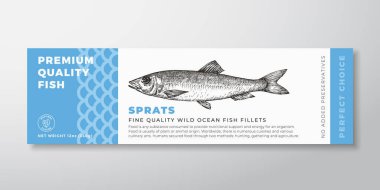 Premium Quality Sprats Vector Packaging Label Design. Modern Typography and Hand Drawn Fish Silhouette Seafood Product Background Layout