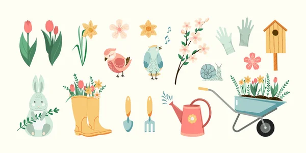 Spring Gardening Outdoor Illustrations Set Vector Plants Flowers Birds Garden — Stock Vector