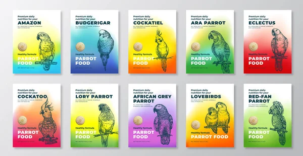 Pet Exotic Tropical Bird Food Product Label Templates Set Abstract — Image vectorielle