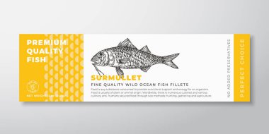 Premium Kaliteli Surmullet Vektör Paket Tasarımı. Modern Typography and Hand Drawn Mullet Fish Siluet Deniz Ürünleri Ürünleri Arkaplan Düzeni