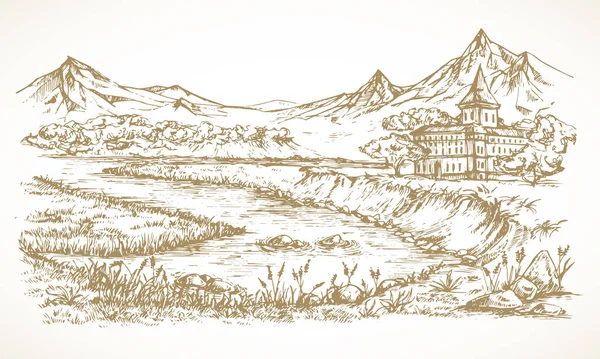 Illustration Vectorielle Paysage Dessinée Main Valley River View Estate Building — Image vectorielle