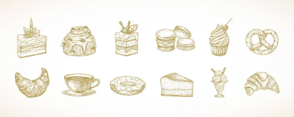 Dessert Sweets Drawn Doodle Vector Strategies Set Торты Пончики Мороженое — стоковый вектор