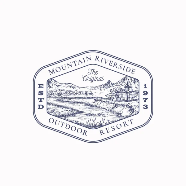 Шаблон Логотипа Наружной Рамы Отдыха Mansion Building River Mountains Landscape — стоковый вектор