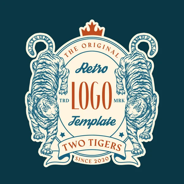 Tigers Abstract Retro Vector Frame Badge Logo Template Mão Desenhada — Vetor de Stock