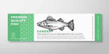 Premium Kaliteli Zander Vector Paketleme Etiketi Modern Typography ve Hand Drawn Freshwater Pikeperch Fish Silhouette. Deniz ürünleri ürünleri arka plan düzeni