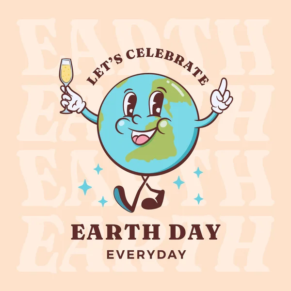 Groovy Earth Day Celebration Carte Vœux Personnage Dessin Animé Rétro — Image vectorielle