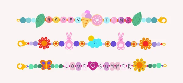 摘要矢量塑料珠子彩色儿童手镯插图集 快乐时光喜欢夏天和友谊90年代的老学校卡通风格的腕带系列与冰淇淋和兔子 被隔离了 — 图库矢量图片
