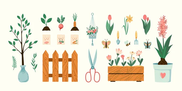 Home Verdura Giardinaggio Hobby Illustrazioni Set Piante Vettoriali Fiori Attrezzi — Vettoriale Stock